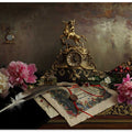 Still life with clock and peonies