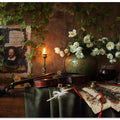 Still life with violin and flowers