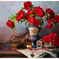 Still life with violin and red roses