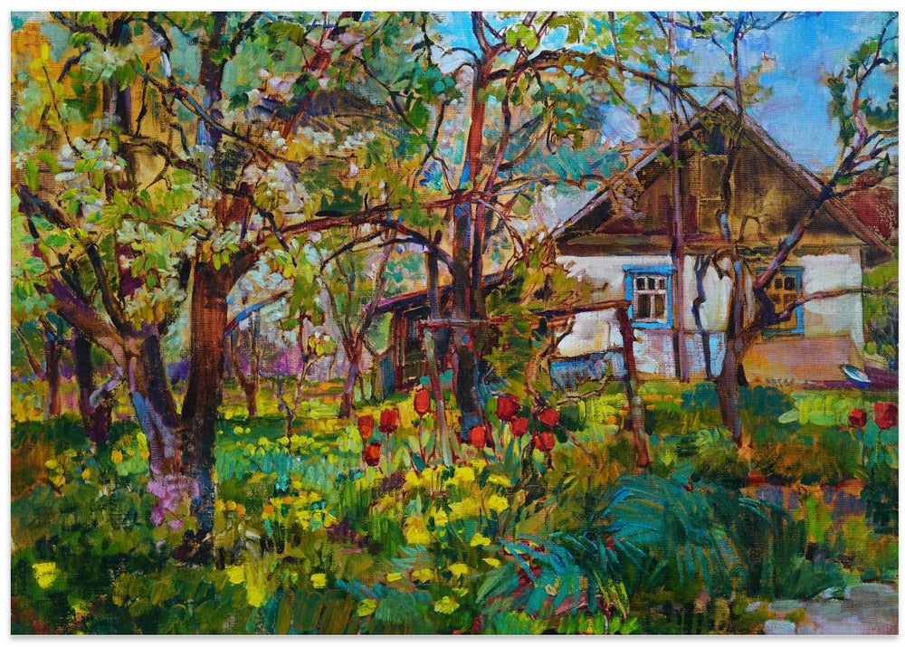 Spring garden, blooming apple trees