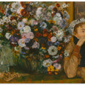 A Woman Seated Beside a Vase of Flowers
