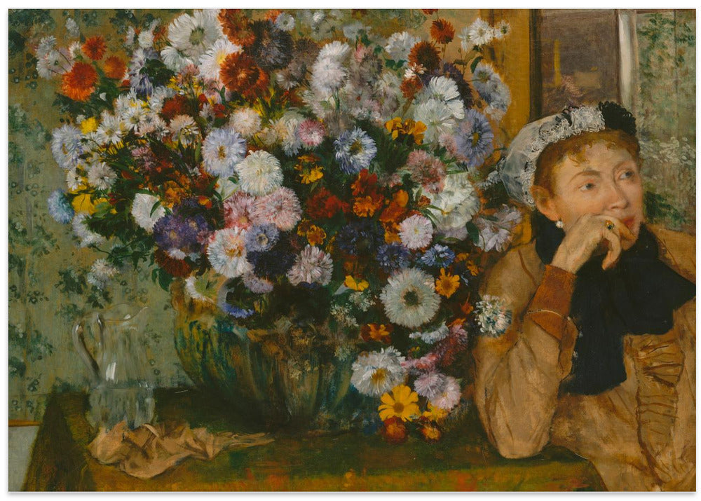 A Woman Seated Beside a Vase of Flowers