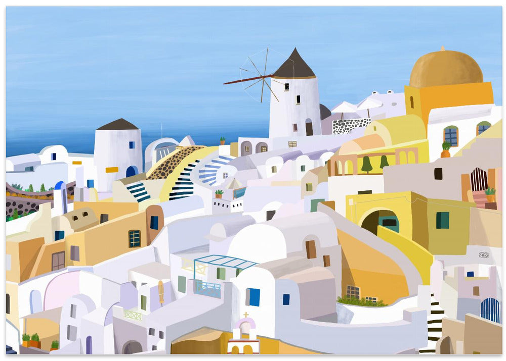 Santorini, Yellow and White Greek Buildings by Artist Carla Daly