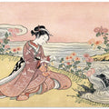 Japanese Woman Picking Chrysanthemum (1725 1770) Vintage Woodblock Print