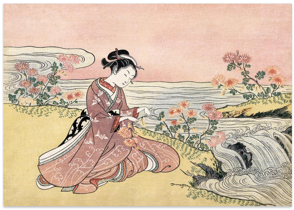 Japanese Woman Picking Chrysanthemum (1725 1770) Vintage Woodblock Print