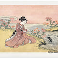 Japanese Woman Picking Chrysanthemum (1725 1770) Vintage Woodblock Print