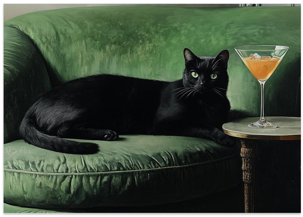 Black Cat Green Sofa Chill