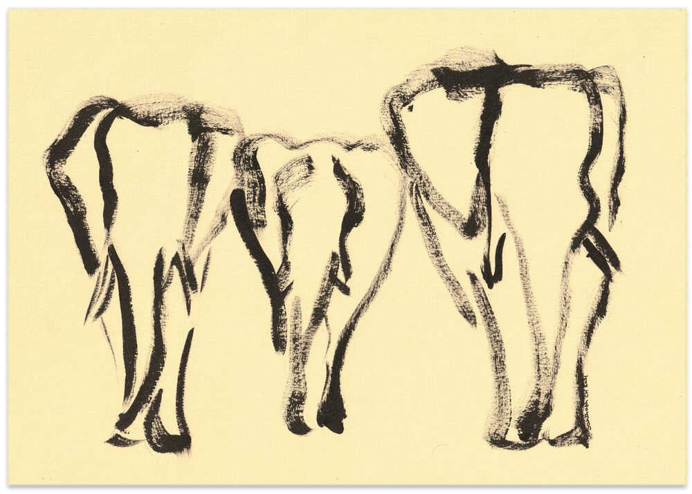 Ink Painting Portrays Three Elephants