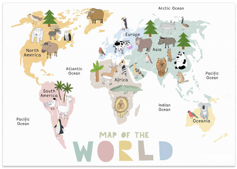 Map of the World with Cute Animals