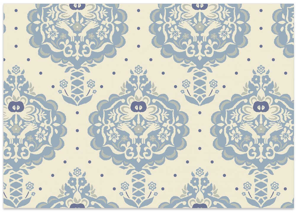 Garden Tales folksy apple trees blue shades pattern