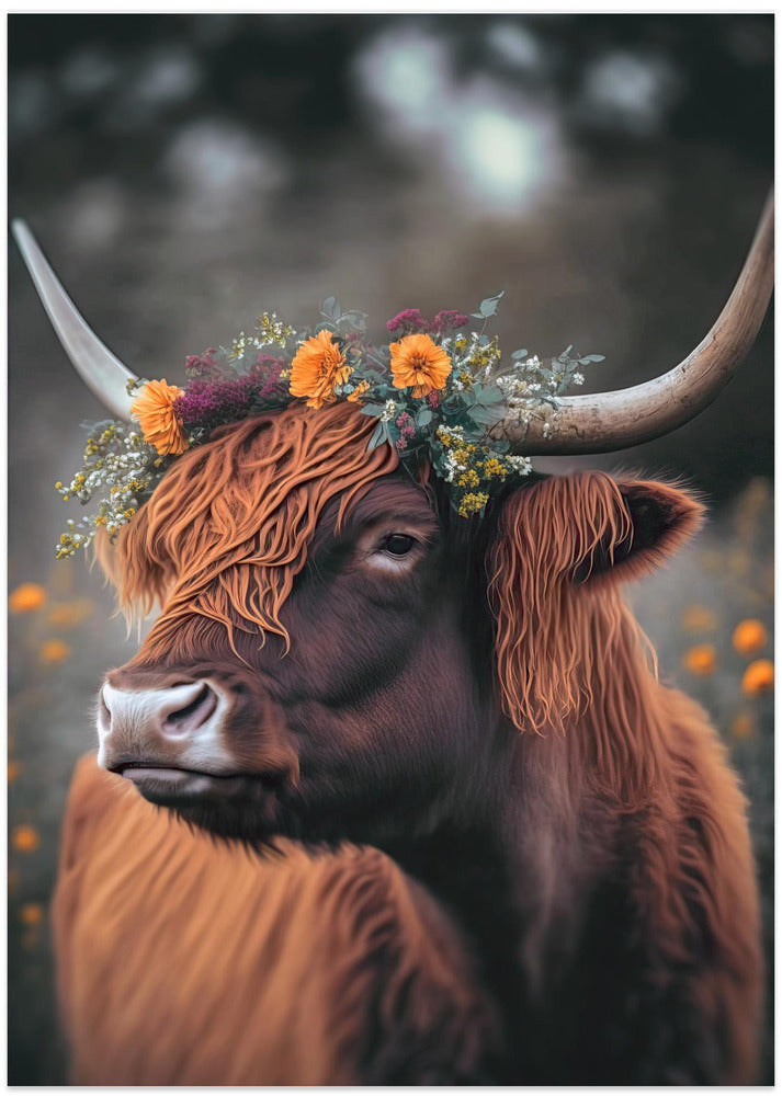 Highland Cow With Flowers