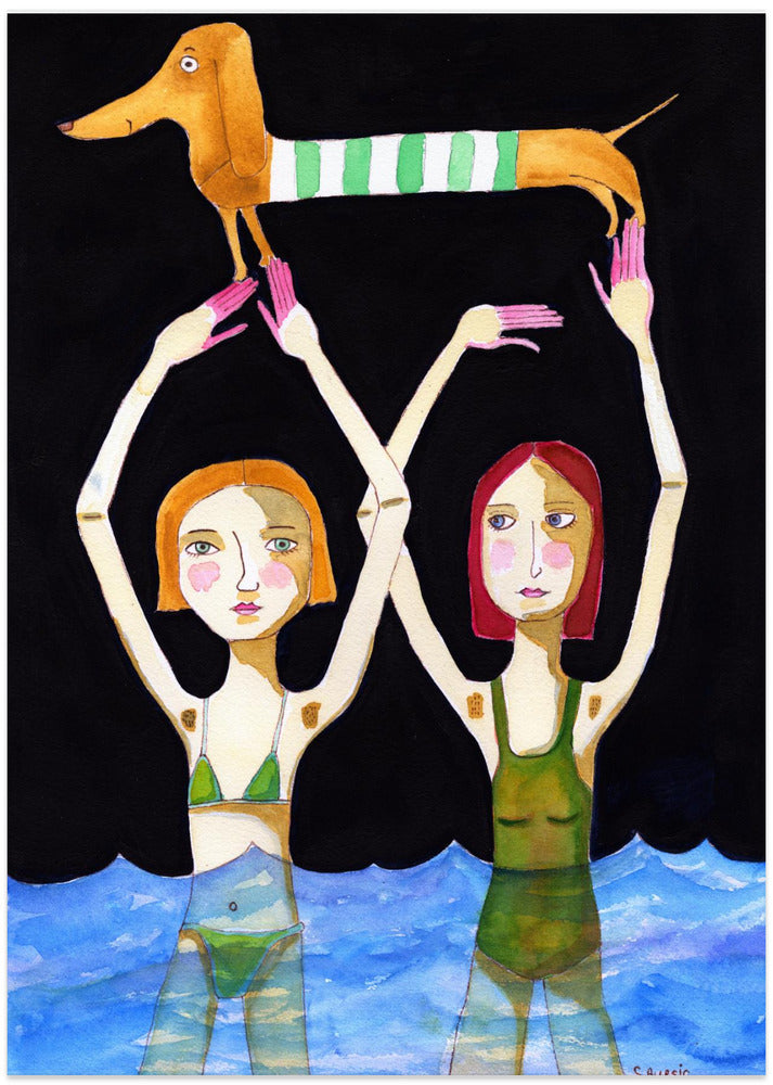 Swimming Girls with Sausage Dog