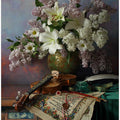 Still life with violin and flowers