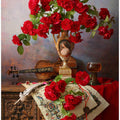Still life with violin and red roses
