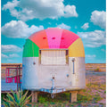 Art Prints of Vintage Camper Trailer With Rainbow Top