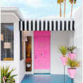 Art Prints of Pink Door with Yard Flamingos