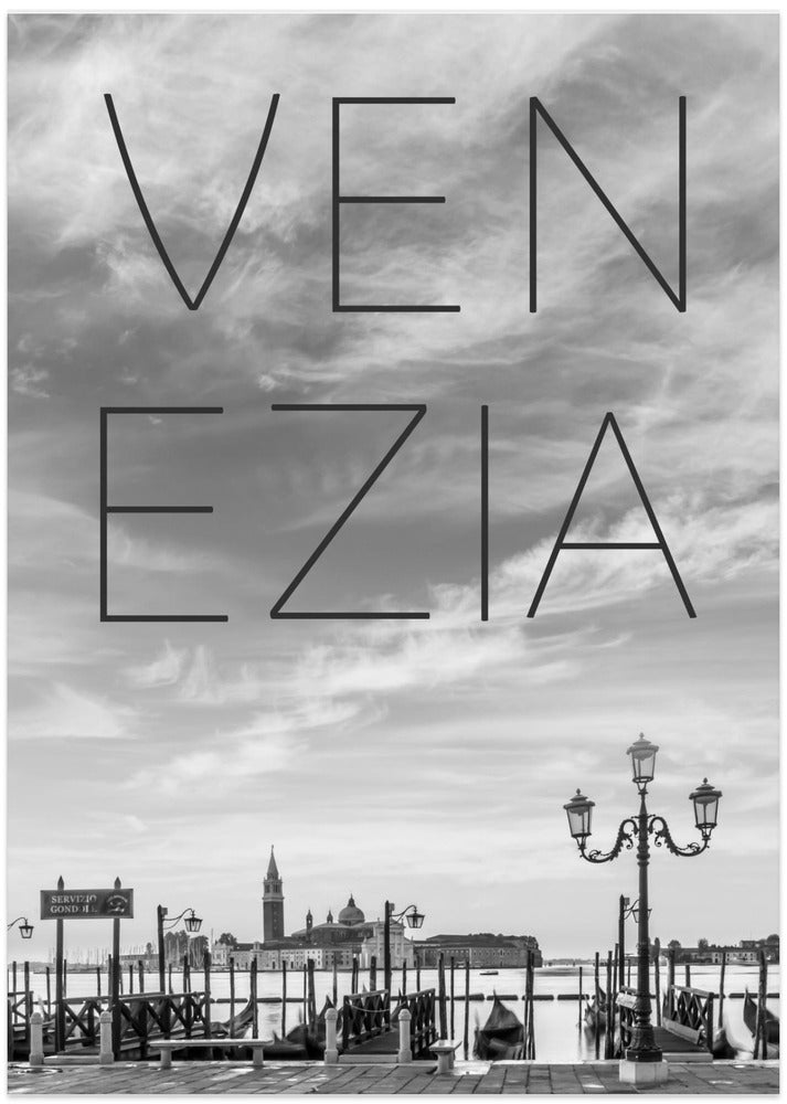 Art Prints of VENICE Gondolas in the early morning | Text & Skyline