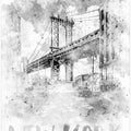 Art Prints of Monochrome Art NYC Manhattan Bridge | watercolor