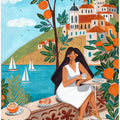 Travel poster woman in Mediterranean coast