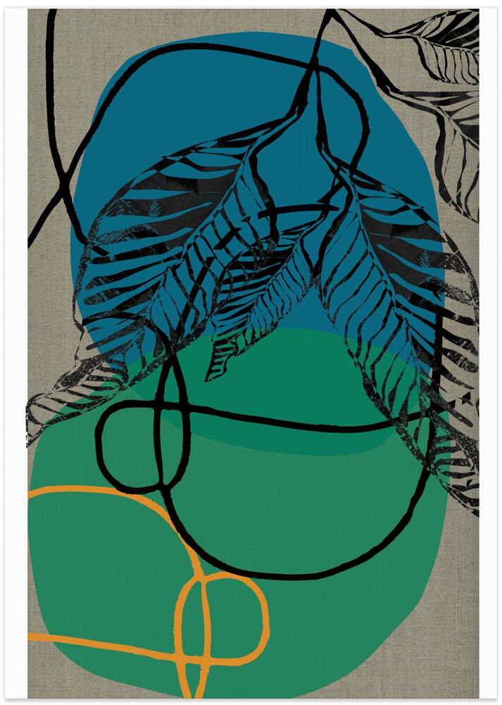 Woodblock Leaf Teal Orange Green Abstract 1 Final