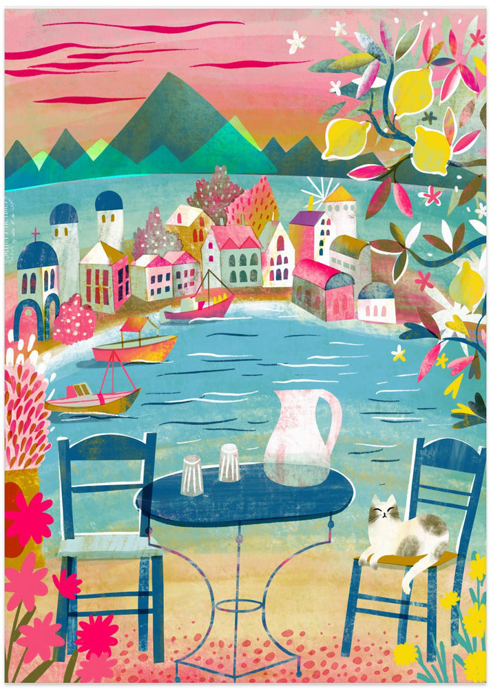 Greek Tavern With Cat Under Lemon Tree