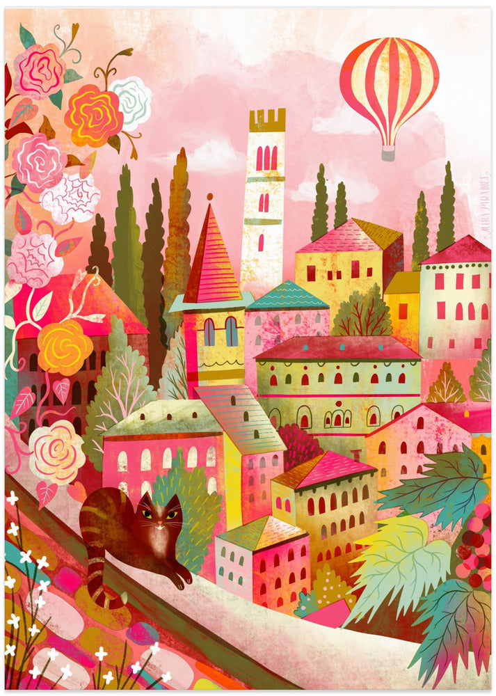 Italian Village With Cat On Wall