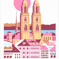 City Of Zurich Switzerland Swiss Summer Mountains City Illustration Vintage Poster