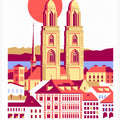 City Of Zurich Switzerland Swiss Summer Mountains City Illustration Vintage Poster