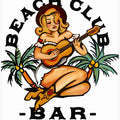 Beach Club Bar. Sailor Jerry Style Pin-up Girl Playing Guitar