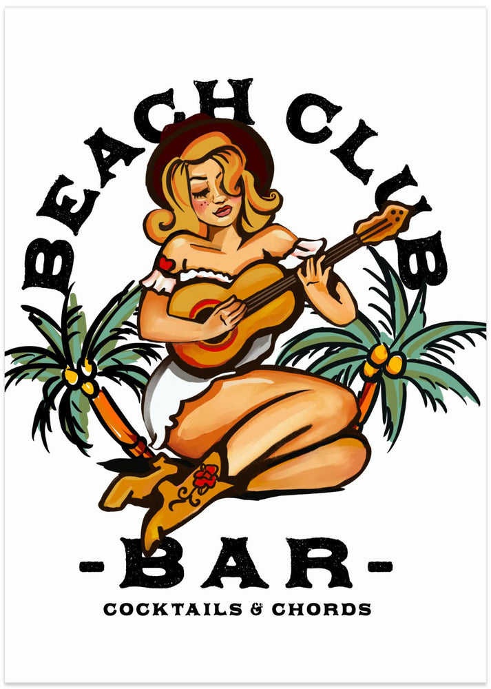 Beach Club Bar. Sailor Jerry Style Pin-up Girl Playing Guitar