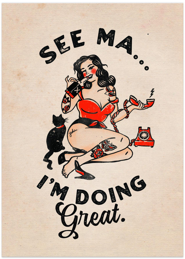 See Ma Poster Funny Vintage Pinup Girl & Cat