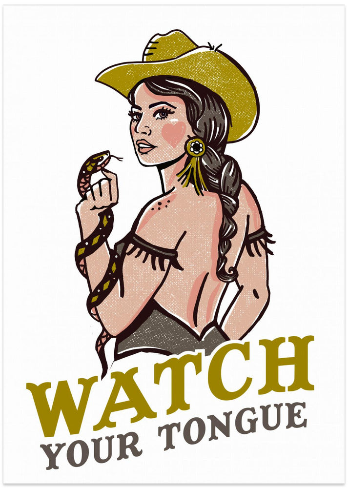 Watch Your Tongue Badass Pin-Up Cowgirl & Rattlesnake