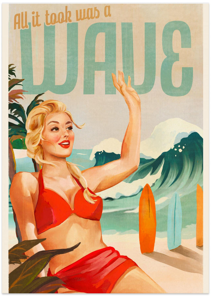 Surfing Pinup Girl On Beach In Bikini