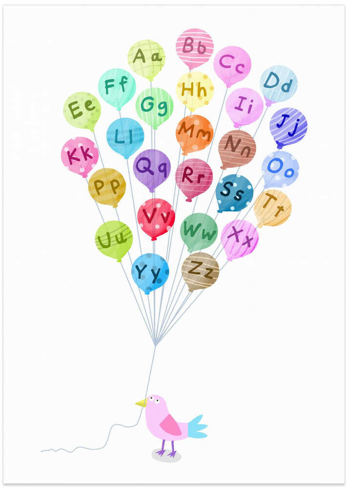 Cute Pink Bird with Alphabet Balloons by Carla Daly