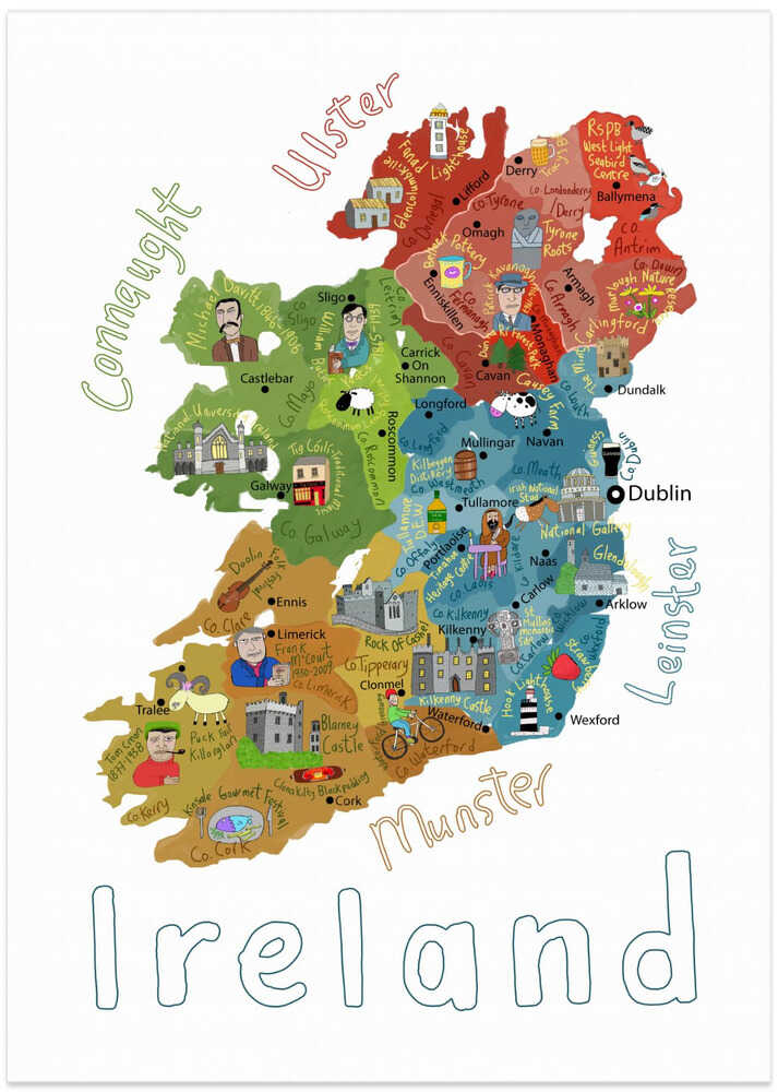 Illustrated Map of Ireland with Country Icons by Carla Daly