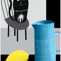 Cute Black Cat sitting on a Chair with Blue Vase and Lemon