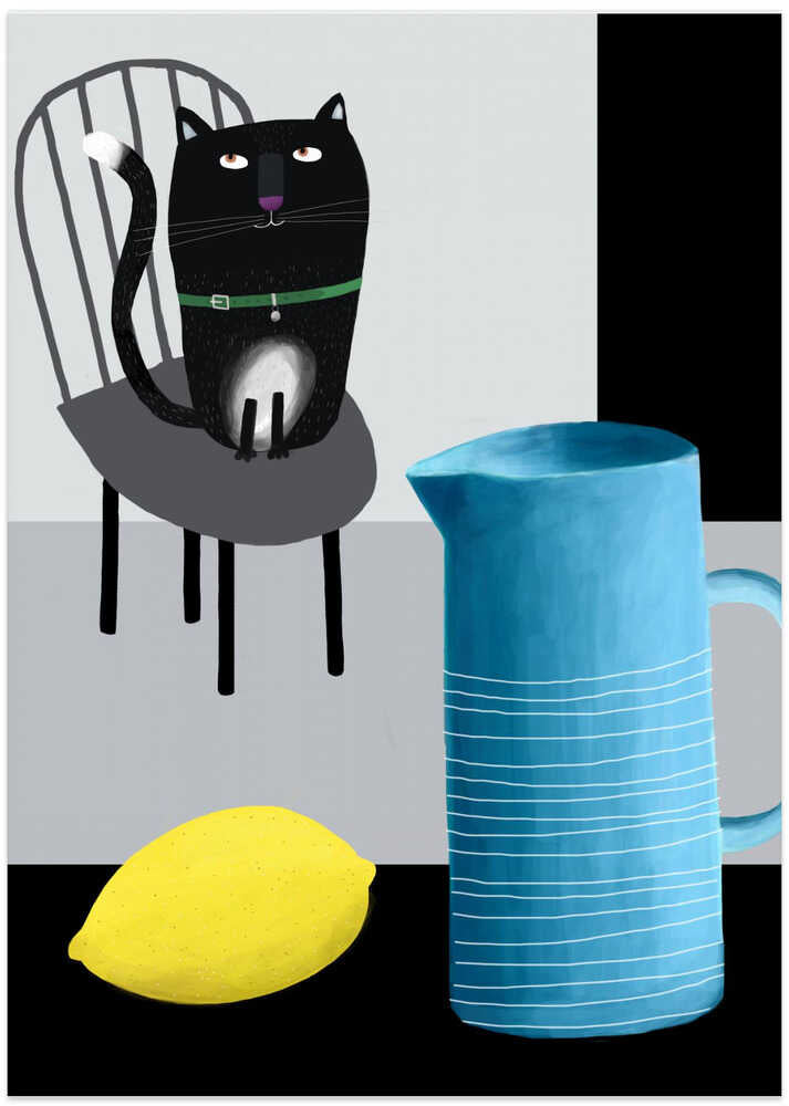 Cute Black Cat sitting on a Chair with Blue Vase and Lemon