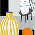 Funny White Dog with Yellow and White Stropped Vase by Carla Daly