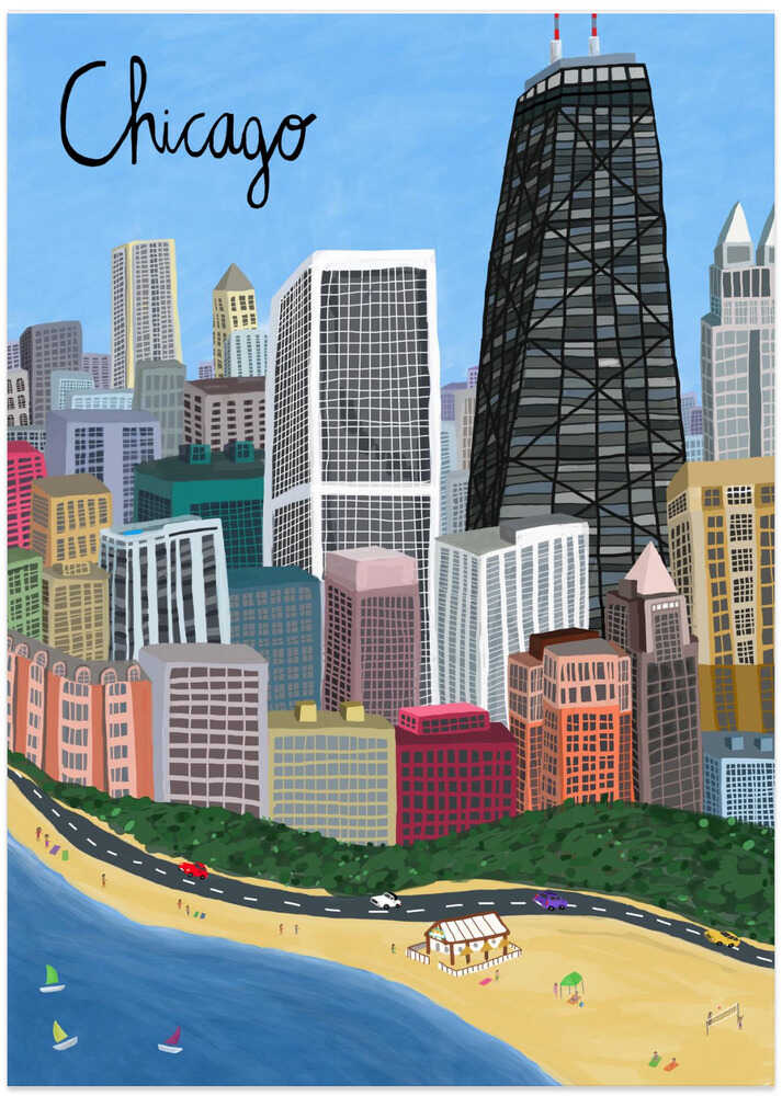 Chicago City with Beachfront on Lake Michigan by Artist Carla Daly