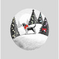 Winter Scenes: Holiday Dog In Snow With Red B Ow On Neck and Decorated Christmas Trees 1