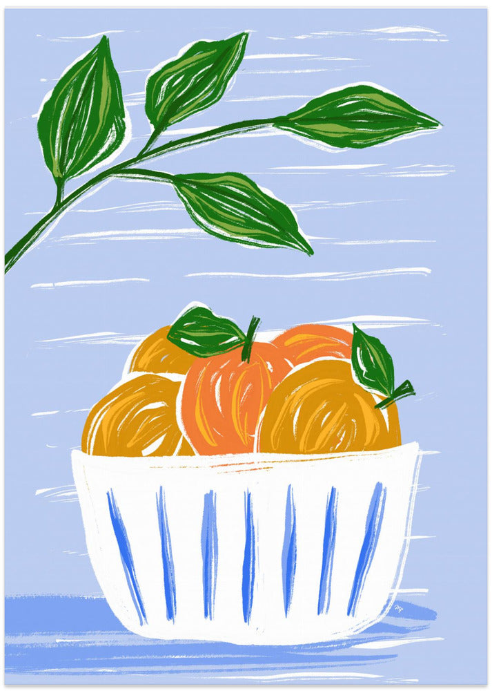 Oranges And Leaves In A White Bowl