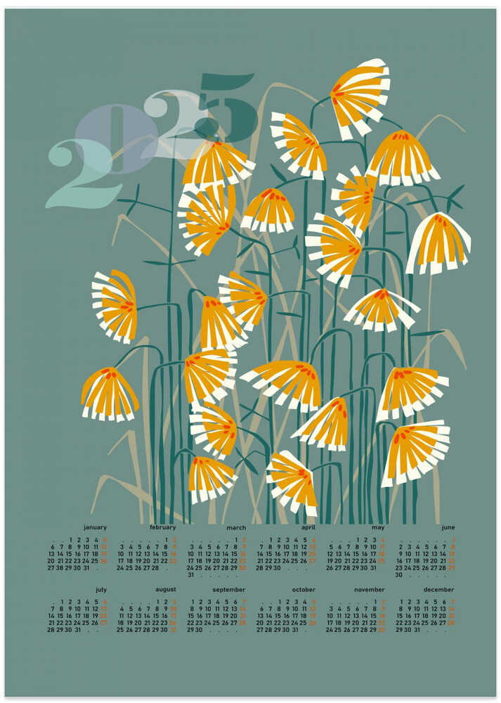 calendar 2025 Linocut flowers green