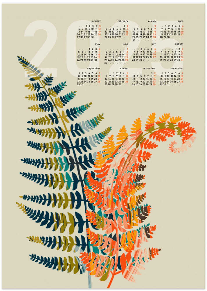 Calendar 2025 colorful fern leaves