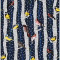 Birds in snowy birchwood on navy blue pattern