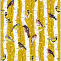 Snowy birchwood with songbirds pattern