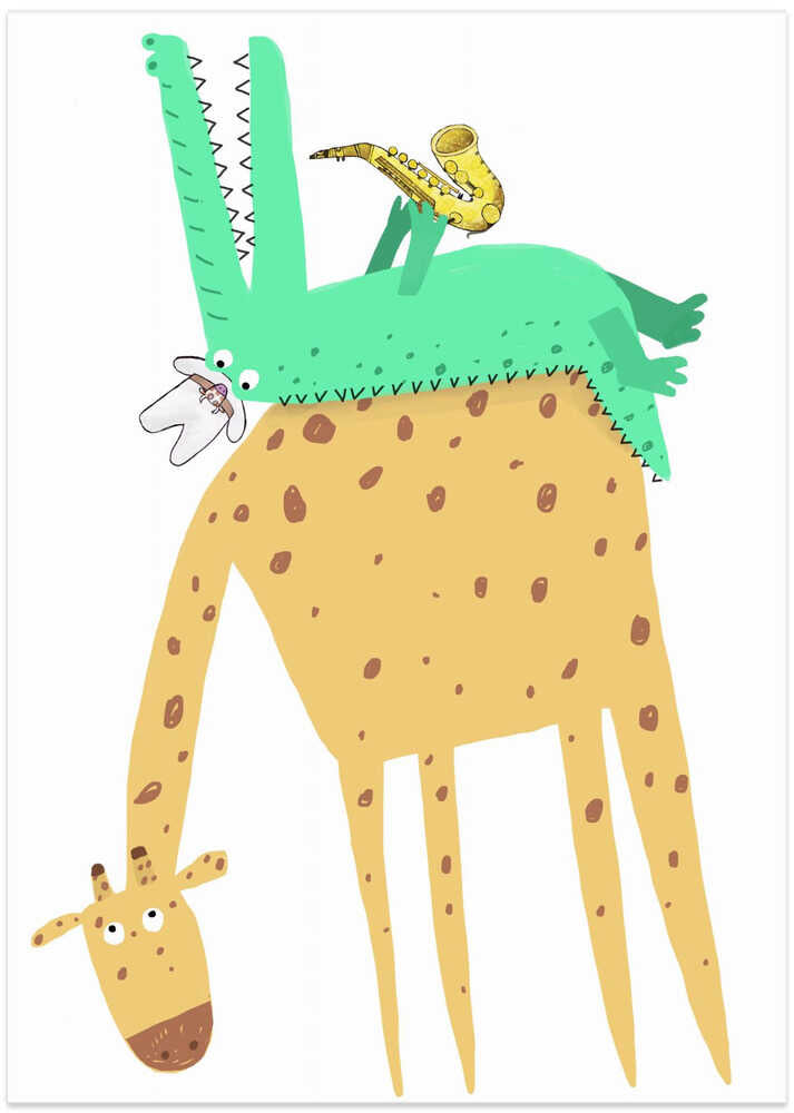Funny Crocodile Playing the Saxophone on a Cute Giraffe