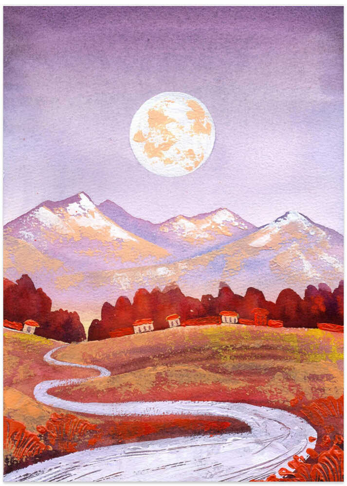 Full Moon Purple Orange Mountain and River Landscape