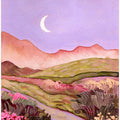 Lilac Sky and Moon Over Flowery Pink Green Fields Landscape