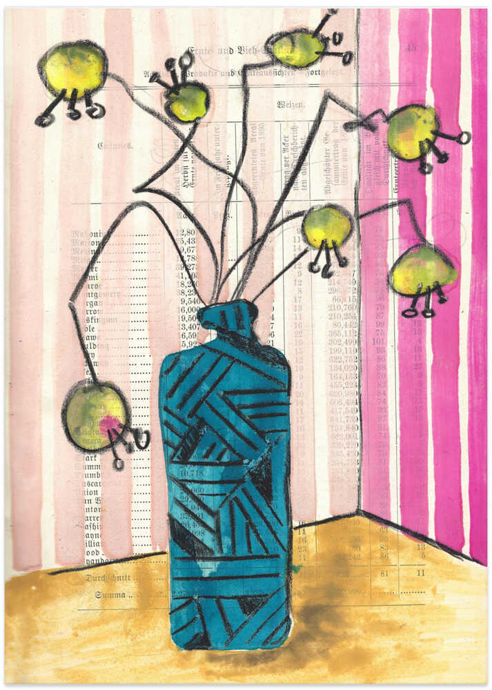 Hand-painted crazy flowers in a vase midcentury still life