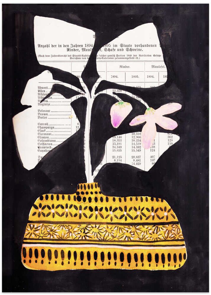 Leaves and flowers in midcentuy vase with black background